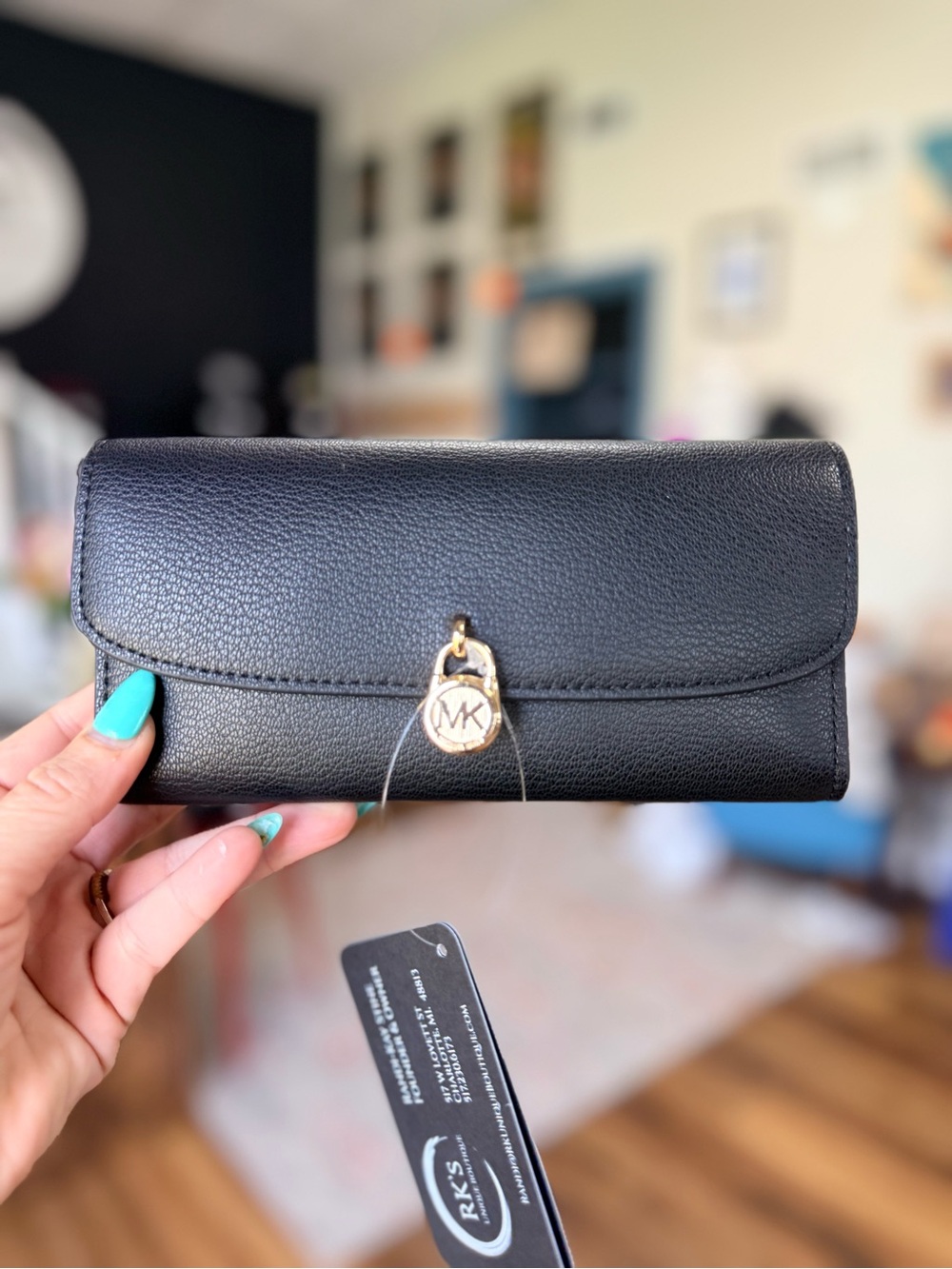 Michael Kors Black Pebbled Leather Wallet with Gold MK Charm NWT